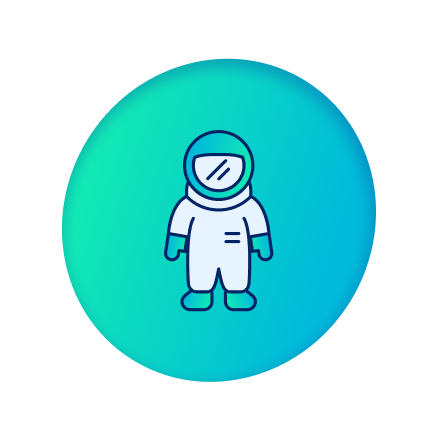 A person in a space suit standing in front of a blue circle